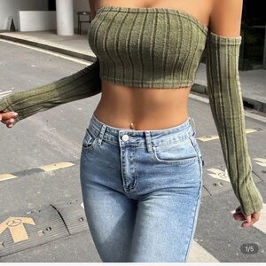 Olive Green Off-Shoulder Ribbed Crop Top